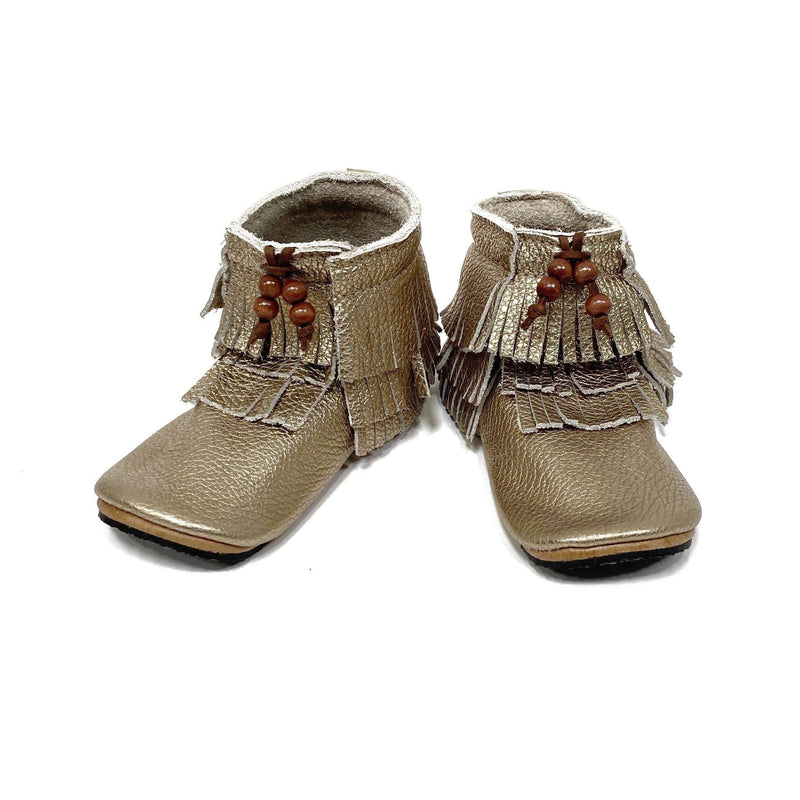 Duchess and Fox Dark Gold Trail Blazers • Fringe Moccasin Boots handmade barefoot shoes