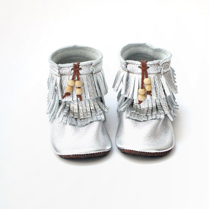 Duchess and Fox Silver Trail Blazers • Fringe Moccasin Boots handmade barefoot shoes