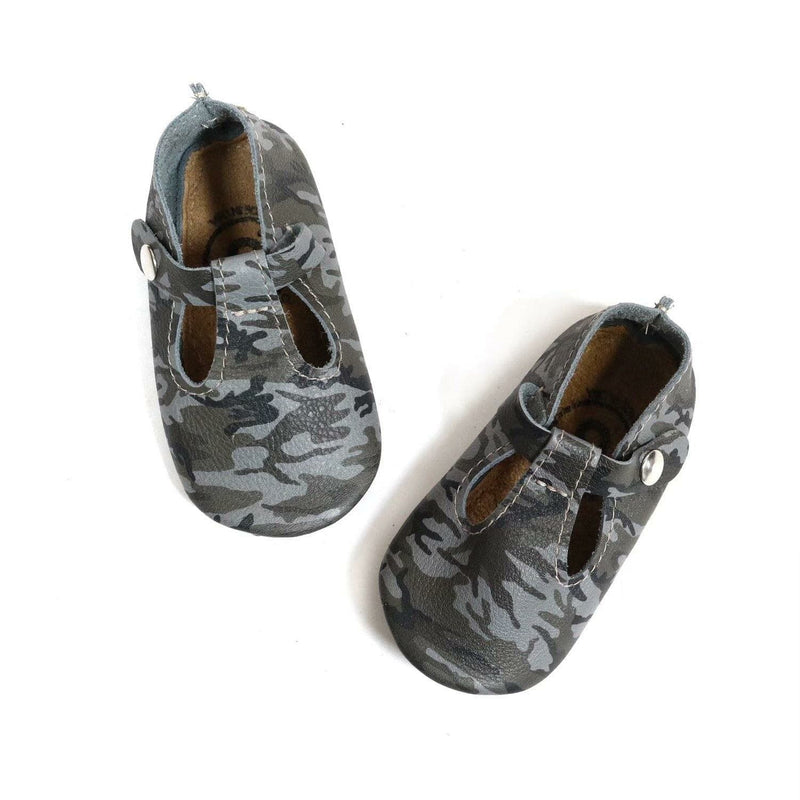 Duchess and Fox Gray Camouflage Print T-Straps handmade barefoot shoes