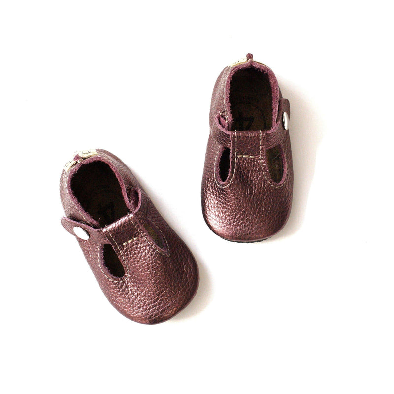 Duchess and Fox Plum T-Straps handmade barefoot shoes
